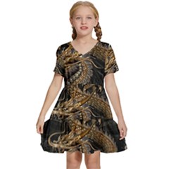 Gold And Silver Dragon Illustration Chinese Dragon Animal Kids  Short Sleeve Tiered Mini Dress by danenraven