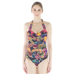 Doodle Wallpaper Texture Grafiti Multi Colored Art Halter Swimsuit by danenraven