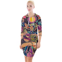 Doodle Wallpaper Texture Grafiti Multi Colored Art Quarter Sleeve Hood Bodycon Dress