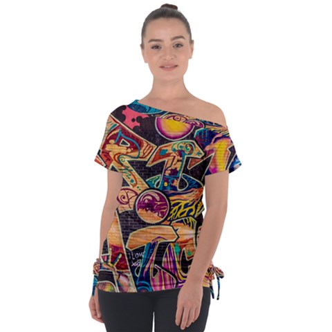 Doodle Wallpaper Texture Grafiti Multi Colored Art Off Shoulder Tie-up Tee by danenraven