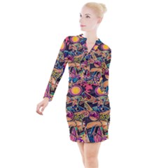 Doodle Wallpaper Texture Grafiti Multi Colored Art Button Long Sleeve Dress