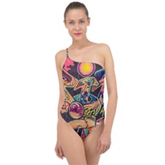 Doodle Wallpaper Texture Grafiti Multi Colored Art Classic One Shoulder Swimsuit