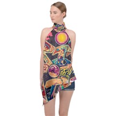 Doodle Wallpaper Texture Grafiti Multi Colored Art Halter Asymmetric Satin Top by danenraven