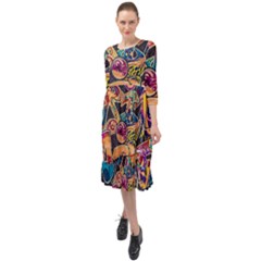 Doodle Wallpaper Texture Grafiti Multi Colored Art Ruffle End Midi Chiffon Dress