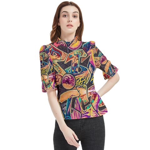 Doodle Wallpaper Texture Grafiti Multi Colored Art Frill Neck Blouse by danenraven