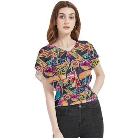 Doodle Wallpaper Texture Grafiti Multi Colored Art Butterfly Chiffon Blouse by danenraven