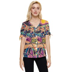 Doodle Wallpaper Texture Grafiti Multi Colored Art Bow Sleeve Button Up Top