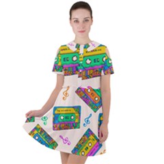 Seamless Pattern With Colorful Cassettes Hippie Style Doodle Musical Texture Wrapping Fabric Vector Short Sleeve Shoulder Cut Out Dress  by Ravend