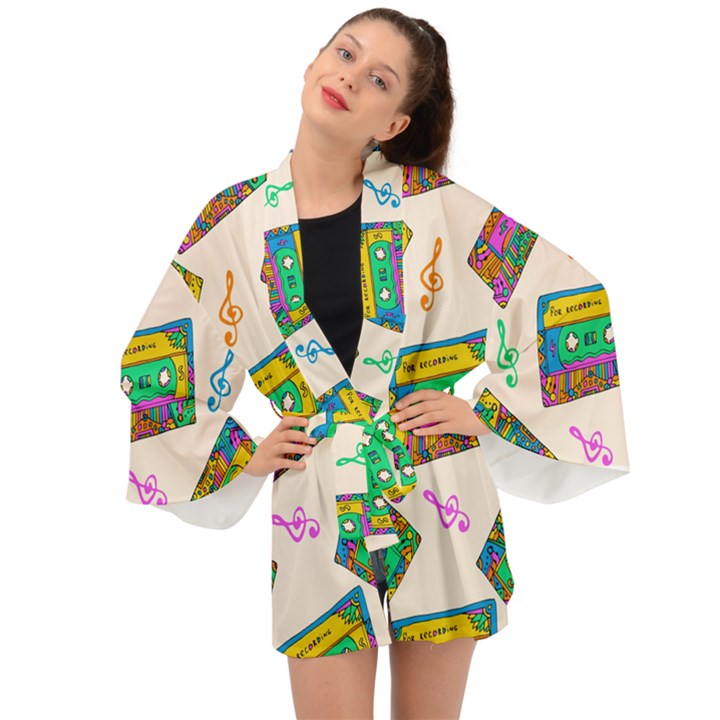 Seamless Pattern With Colorful Cassettes Hippie Style Doodle Musical Texture Wrapping Fabric Vector Long Sleeve Kimono