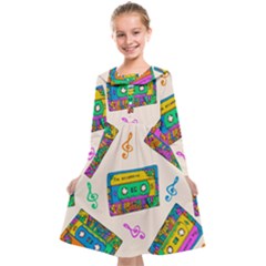 Seamless Pattern With Colorful Cassettes Hippie Style Doodle Musical Texture Wrapping Fabric Vector Kids  Midi Sailor Dress by Ravend