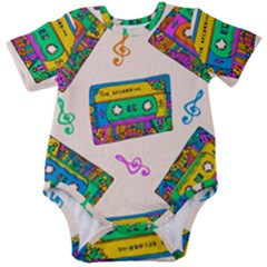 Seamless Pattern With Colorful Cassettes Hippie Style Doodle Musical Texture Wrapping Fabric Vector Baby Short Sleeve Onesie Bodysuit by Ravend