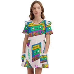 Seamless Pattern With Colorful Cassettes Hippie Style Doodle Musical Texture Wrapping Fabric Vector Kids  Frilly Sleeves Pocket Dress by Ravend