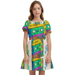 Seamless Pattern With Colorful Cassettes Hippie Style Doodle Musical Texture Wrapping Fabric Vector Kids  Puff Sleeved Dress by Ravend