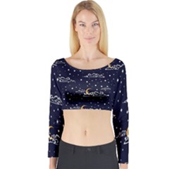 Hand Drawn Scratch Style Night Sky With Moon Cloud Space Among Stars Seamless Pattern Vector Design Long Sleeve Crop Top by Ravend