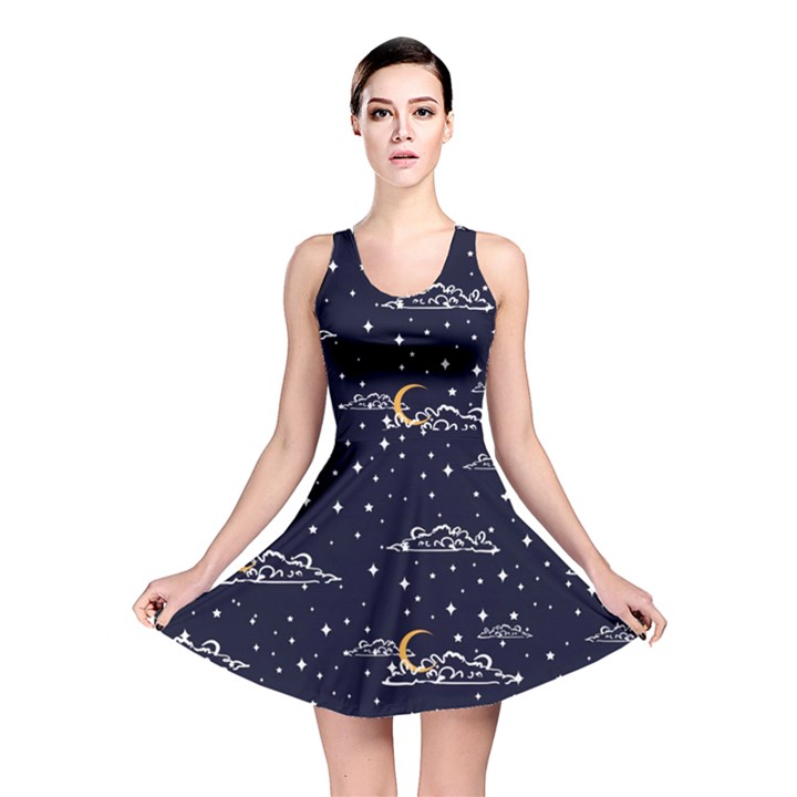 Hand Drawn Scratch Style Night Sky With Moon Cloud Space Among Stars Seamless Pattern Vector Design Reversible Skater Dress