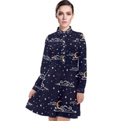 Hand Drawn Scratch Style Night Sky With Moon Cloud Space Among Stars Seamless Pattern Vector Design Long Sleeve Chiffon Shirt Dress by Ravend