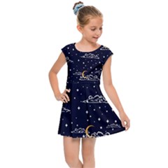 Hand Drawn Scratch Style Night Sky With Moon Cloud Space Among Stars Seamless Pattern Vector Design Kids  Cap Sleeve Dress by Ravend