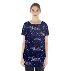 Hand Drawn Scratch Style Night Sky With Moon Cloud Space Among Stars Seamless Pattern Vector Design Skirt Hem Sports Top by Ravend