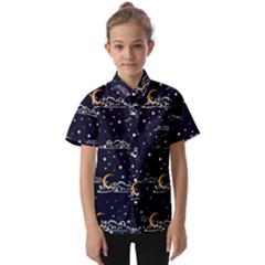 Hand Drawn Scratch Style Night Sky With Moon Cloud Space Among Stars Seamless Pattern Vector Design Kids  Short Sleeve Shirt by Ravend