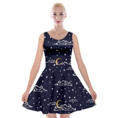 Hand Drawn Scratch Style Night Sky With Moon Cloud Space Among Stars Seamless Pattern Vector Design Velvet Skater Dress by Ravend