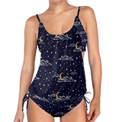 Hand Drawn Scratch Style Night Sky With Moon Cloud Space Among Stars Seamless Pattern Vector Design Tankini Set by Ravend