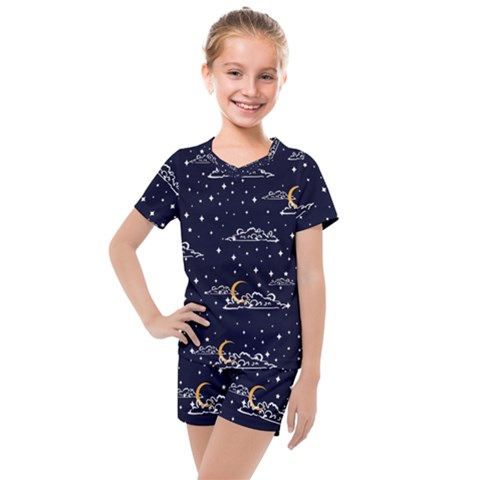 Hand Drawn Scratch Style Night Sky With Moon Cloud Space Among Stars Seamless Pattern Vector Design Kids  Mesh Tee And Shorts Set by Ravend