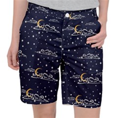 Hand Drawn Scratch Style Night Sky With Moon Cloud Space Among Stars Seamless Pattern Vector Design Pocket Shorts by Ravend