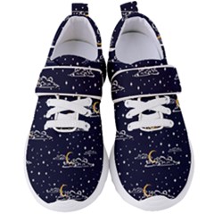 Hand Drawn Scratch Style Night Sky With Moon Cloud Space Among Stars Seamless Pattern Vector Design Women s Velcro Strap Shoes by Ravend