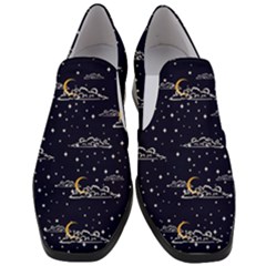 Hand Drawn Scratch Style Night Sky With Moon Cloud Space Among Stars Seamless Pattern Vector Design Women Slip On Heel Loafers by Ravend