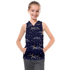 Hand Drawn Scratch Style Night Sky With Moon Cloud Space Among Stars Seamless Pattern Vector Design Kids  Sleeveless Hoodie by Ravend