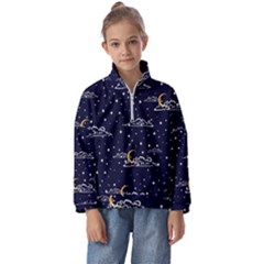 Hand Drawn Scratch Style Night Sky With Moon Cloud Space Among Stars Seamless Pattern Vector Design Kids  Half Zip Hoodie by Ravend