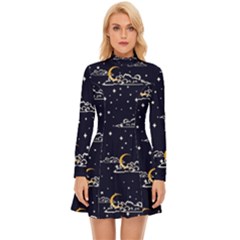 Hand Drawn Scratch Style Night Sky With Moon Cloud Space Among Stars Seamless Pattern Vector Design Long Sleeve Velour Longline Dress by Ravend