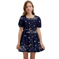 Hand Drawn Scratch Style Night Sky With Moon Cloud Space Among Stars Seamless Pattern Vector Design Kids  Short Sleeve Dolly Dress by Ravend