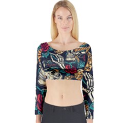 Vintage Art Tattoos Colorful Seamless Pattern Long Sleeve Crop Top by Ravend