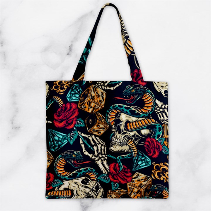 Vintage Art Tattoos Colorful Seamless Pattern Zipper Grocery Tote Bag