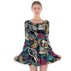 Vintage Art Tattoos Colorful Seamless Pattern Long Sleeve Skater Dress by Ravend