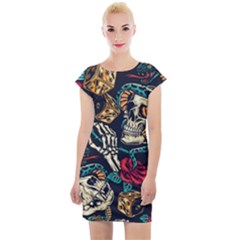 Vintage Art Tattoos Colorful Seamless Pattern Cap Sleeve Bodycon Dress by Ravend