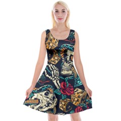 Vintage Art Tattoos Colorful Seamless Pattern Reversible Velvet Sleeveless Dress