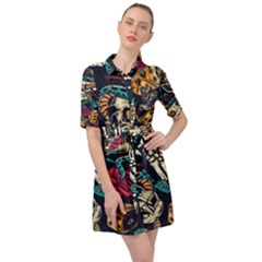 Vintage Art Tattoos Colorful Seamless Pattern Belted Shirt Dress by Ravend