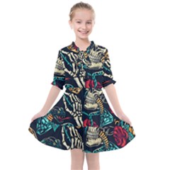 Vintage Art Tattoos Colorful Seamless Pattern Kids  All Frills Chiffon Dress by Ravend