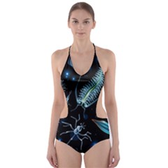 Colorful Abstract Pattern Consisting Glowing Lights Luminescent Images Marine Plankton Dark Cut-out One Piece Swimsuit by Ravend