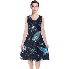 Colorful Abstract Pattern Consisting Glowing Lights Luminescent Images Marine Plankton Dark V-neck Midi Sleeveless Dress  by Ravend