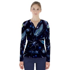 Colorful Abstract Pattern Consisting Glowing Lights Luminescent Images Marine Plankton Dark V-neck Long Sleeve Top by Ravend