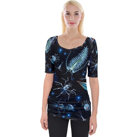 Colorful Abstract Pattern Consisting Glowing Lights Luminescent Images Marine Plankton Dark Wide Neckline Tee by Ravend