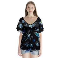 Colorful Abstract Pattern Consisting Glowing Lights Luminescent Images Marine Plankton Dark V-neck Flutter Sleeve Top by Ravend