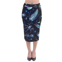 Colorful Abstract Pattern Consisting Glowing Lights Luminescent Images Marine Plankton Dark Velvet Midi Pencil Skirt by Ravend