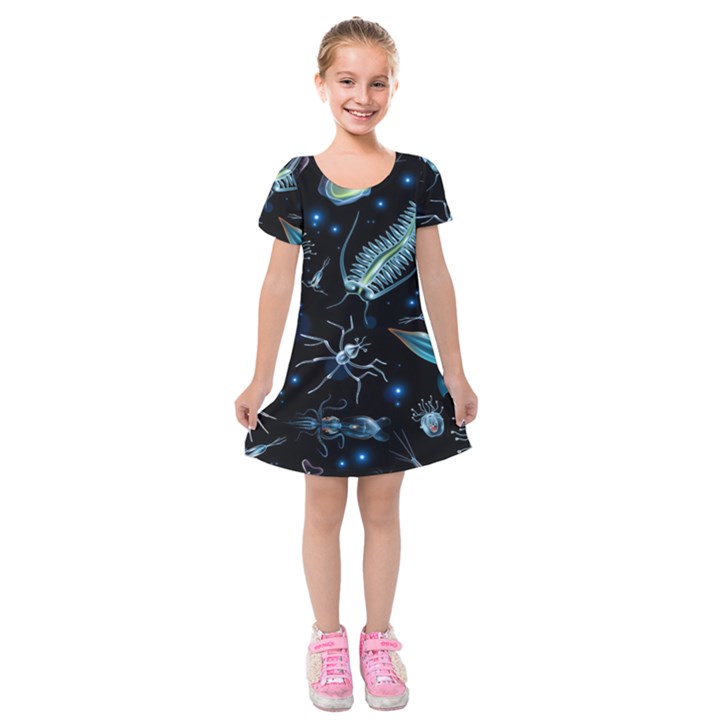 Colorful Abstract Pattern Consisting Glowing Lights Luminescent Images Marine Plankton Dark Kids  Short Sleeve Velvet Dress