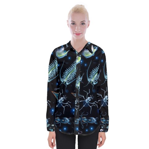 Colorful Abstract Pattern Consisting Glowing Lights Luminescent Images Marine Plankton Dark Womens Long Sleeve Shirt by Ravend