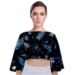 Colorful Abstract Pattern Consisting Glowing Lights Luminescent Images Marine Plankton Dark Tie Back Butterfly Sleeve Chiffon Top