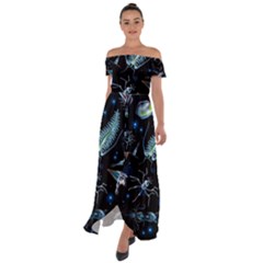 Colorful Abstract Pattern Consisting Glowing Lights Luminescent Images Marine Plankton Dark Off Shoulder Open Front Chiffon Dress by Ravend